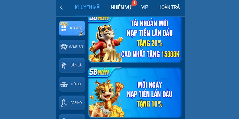 58WIN tặng tiền phổ biến với nhiều chính sách được tổ chức liên tục